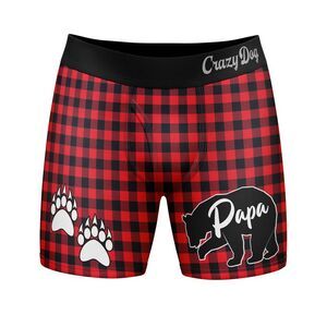 Mens Papa Bear Boxers Funny Fathers Day Paw Print Plaid Graphic Novelty